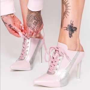 The Fleetwood Blush Pink Pointy Toe Lace Up Mules